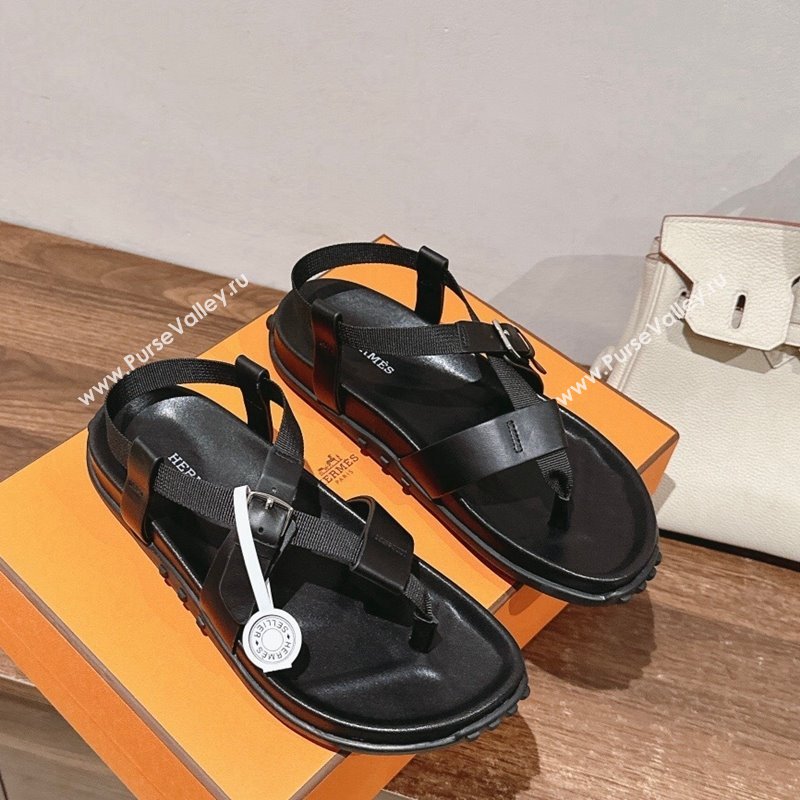 Hermes Inboard Flat Sandals with Buckle in Nappa Leather Black 2024 0703 (MD-240703006)