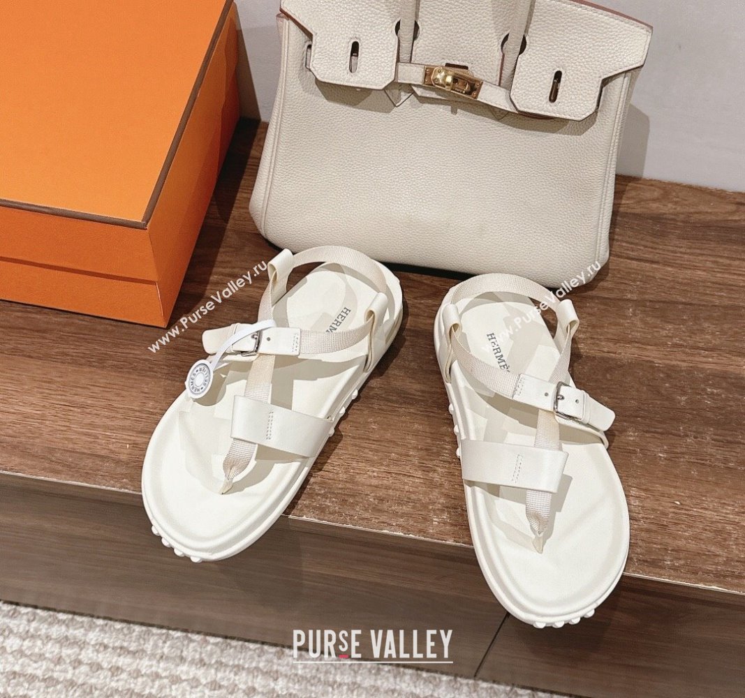 Hermes Inboard Flat Sandals with Buckle in Nappa Leather White 2024 0703 (MD-240703008)