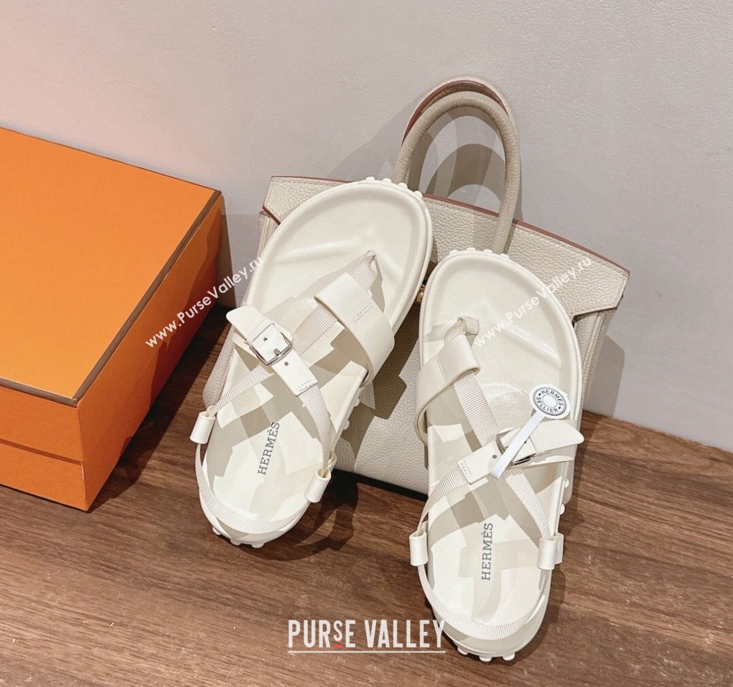 Hermes Inboard Flat Sandals with Buckle in Nappa Leather White 2024 0703 (MD-240703008)