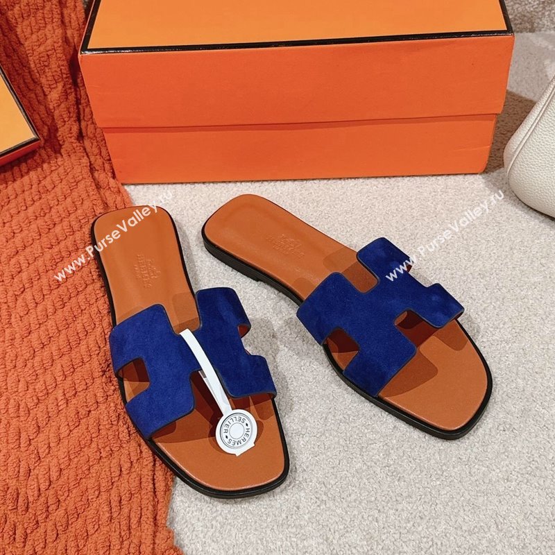 Hermes Classic Oran Flat Slide Sandals in Suede Blue 2024 0703 (MD-240703002)