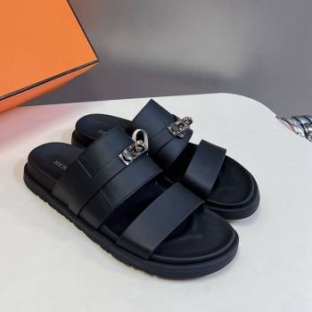 Hermes Jackson Flat Slides Sandal in Smooth Calfskin with Kelly Buckle Black 2024 (MD-240724012)