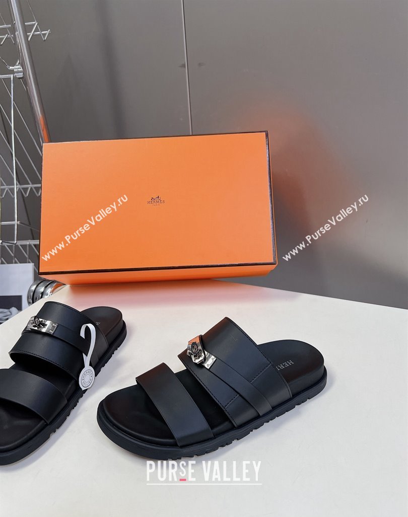 Hermes Jackson Flat Slides Sandal in Smooth Calfskin with Kelly Buckle Black 2024 (MD-240724012)