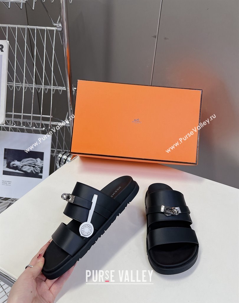 Hermes Jackson Flat Slides Sandal in Smooth Calfskin with Kelly Buckle Black 2024 (MD-240724012)