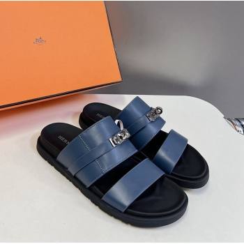 Hermes Jackson Flat Slides Sandal in Smooth Calfskin with Kelly Buckle Dark Blue 2024 (MD-240724013)