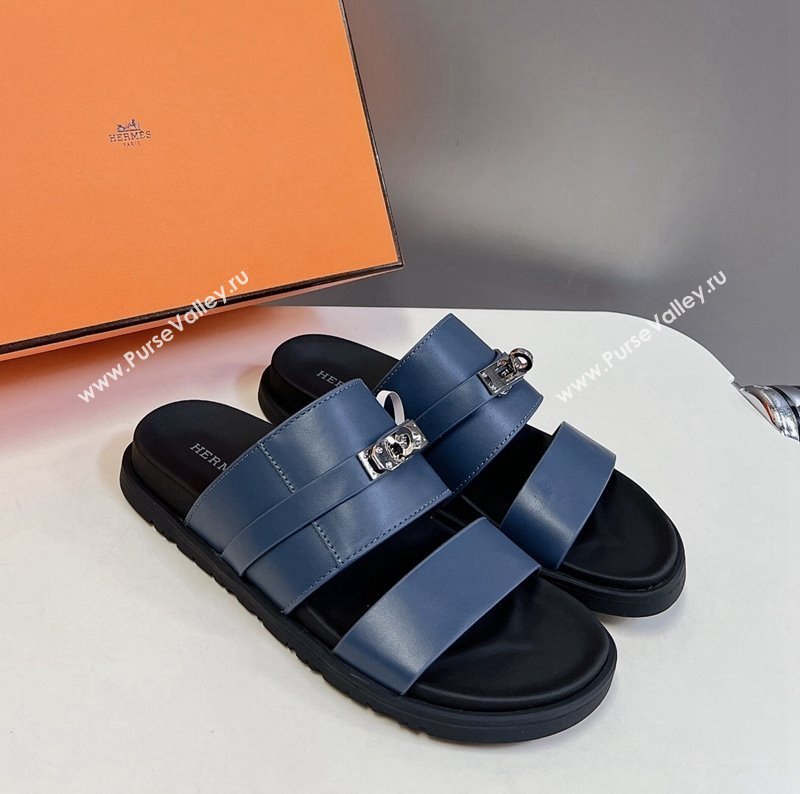 Hermes Jackson Flat Slides Sandal in Smooth Calfskin with Kelly Buckle Dark Blue 2024 (MD-240724013)