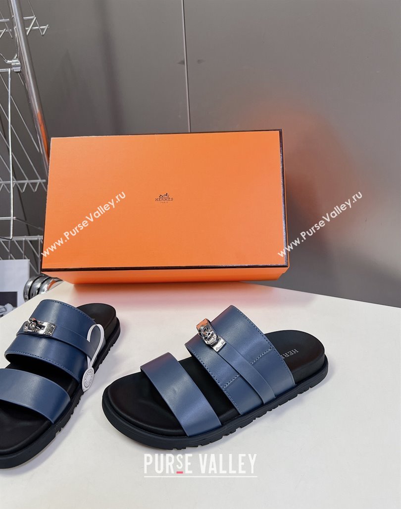 Hermes Jackson Flat Slides Sandal in Smooth Calfskin with Kelly Buckle Dark Blue 2024 (MD-240724013)