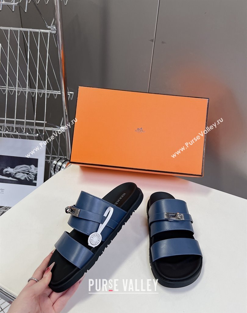 Hermes Jackson Flat Slides Sandal in Smooth Calfskin with Kelly Buckle Dark Blue 2024 (MD-240724013)