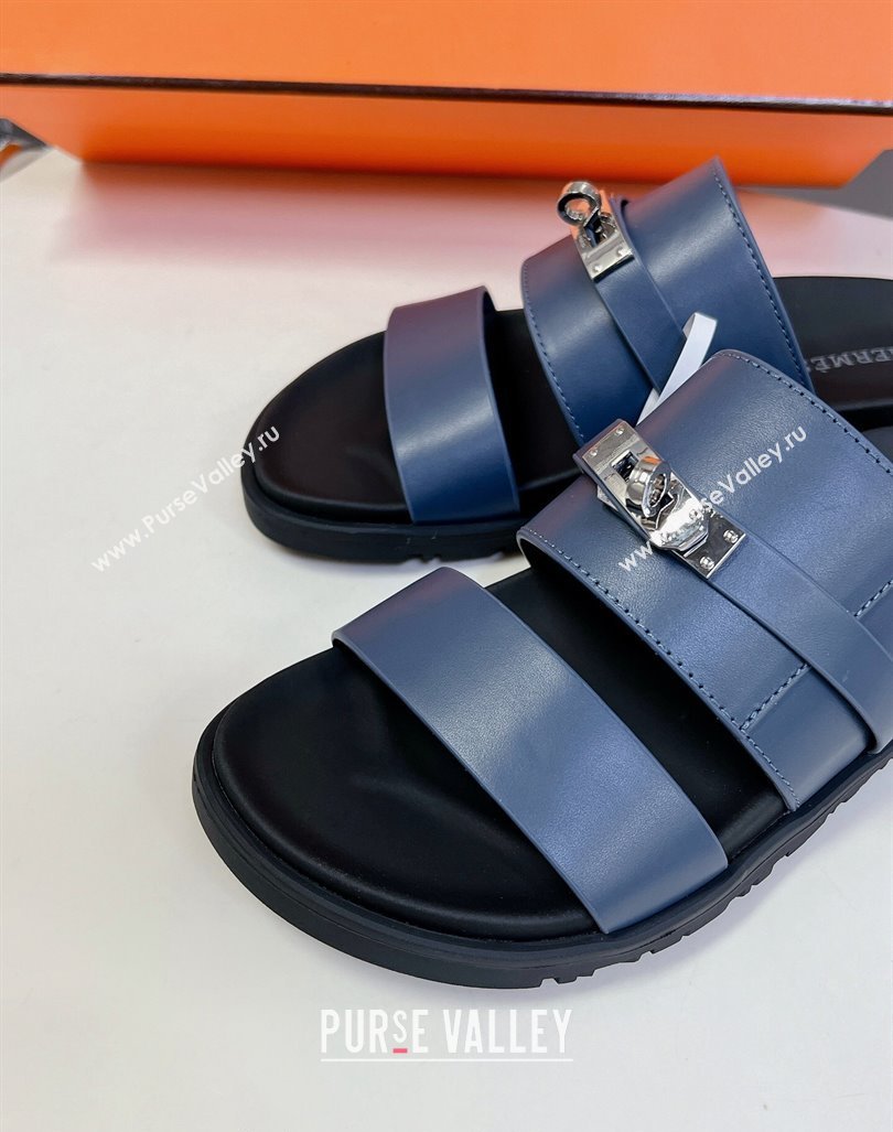 Hermes Jackson Flat Slides Sandal in Smooth Calfskin with Kelly Buckle Dark Blue 2024 (MD-240724013)