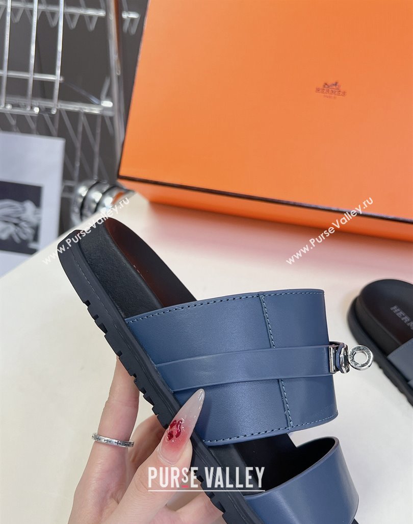 Hermes Jackson Flat Slides Sandal in Smooth Calfskin with Kelly Buckle Dark Blue 2024 (MD-240724013)