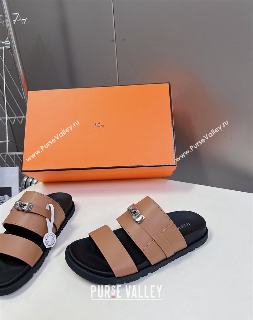 Hermes Jackson Flat Slides Sandal in Smooth Calfskin with Kelly Buckle Brown 2024 (MD-240724014)