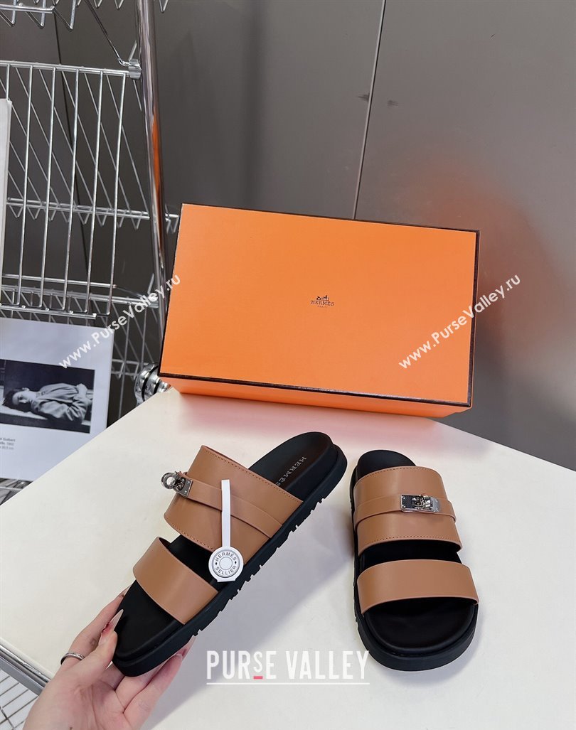 Hermes Jackson Flat Slides Sandal in Smooth Calfskin with Kelly Buckle Brown 2024 (MD-240724014)