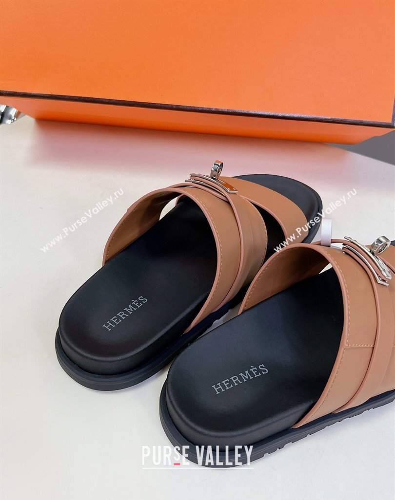 Hermes Jackson Flat Slides Sandal in Smooth Calfskin with Kelly Buckle Brown 2024 (MD-240724014)