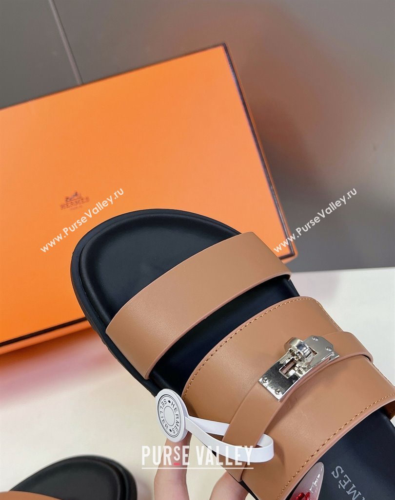 Hermes Jackson Flat Slides Sandal in Smooth Calfskin with Kelly Buckle Brown 2024 (MD-240724014)