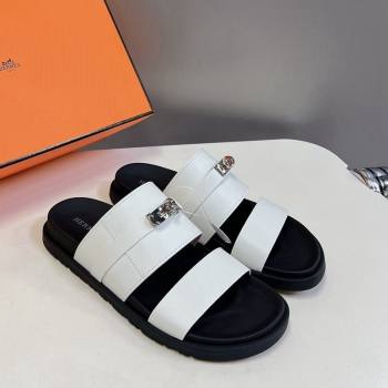 Hermes Jackson Flat Slides Sandal in Smooth Calfskin with Kelly Buckle White 2024 (MD-240724015)