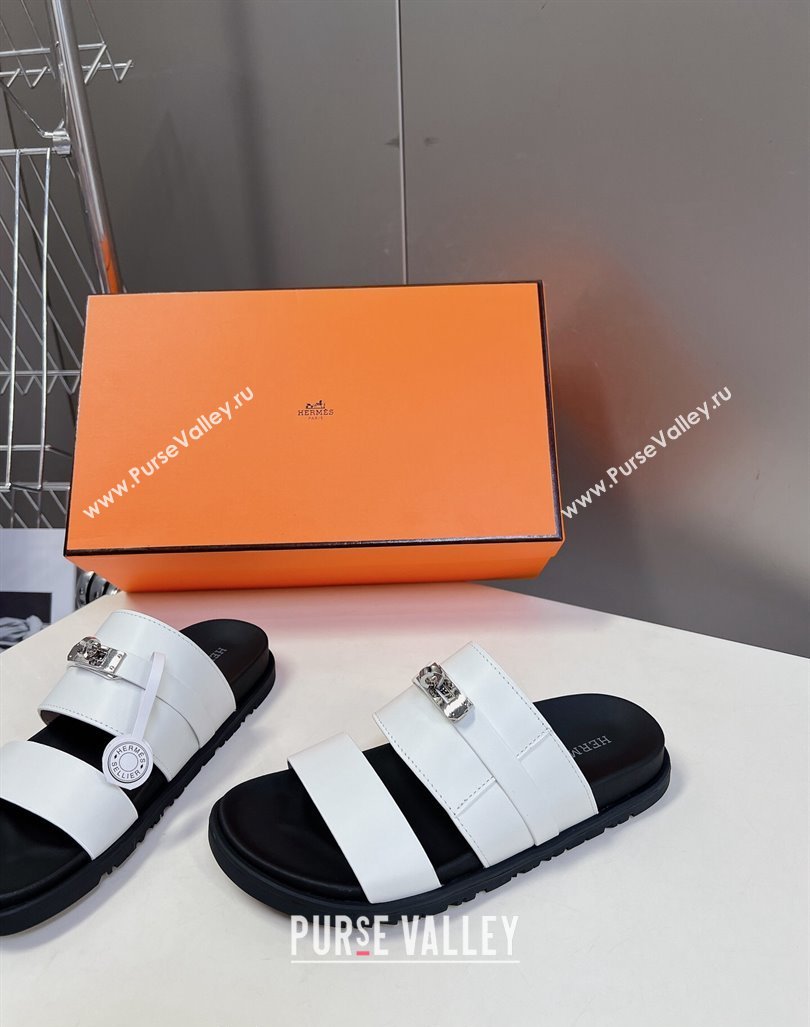 Hermes Jackson Flat Slides Sandal in Smooth Calfskin with Kelly Buckle White 2024 (MD-240724015)