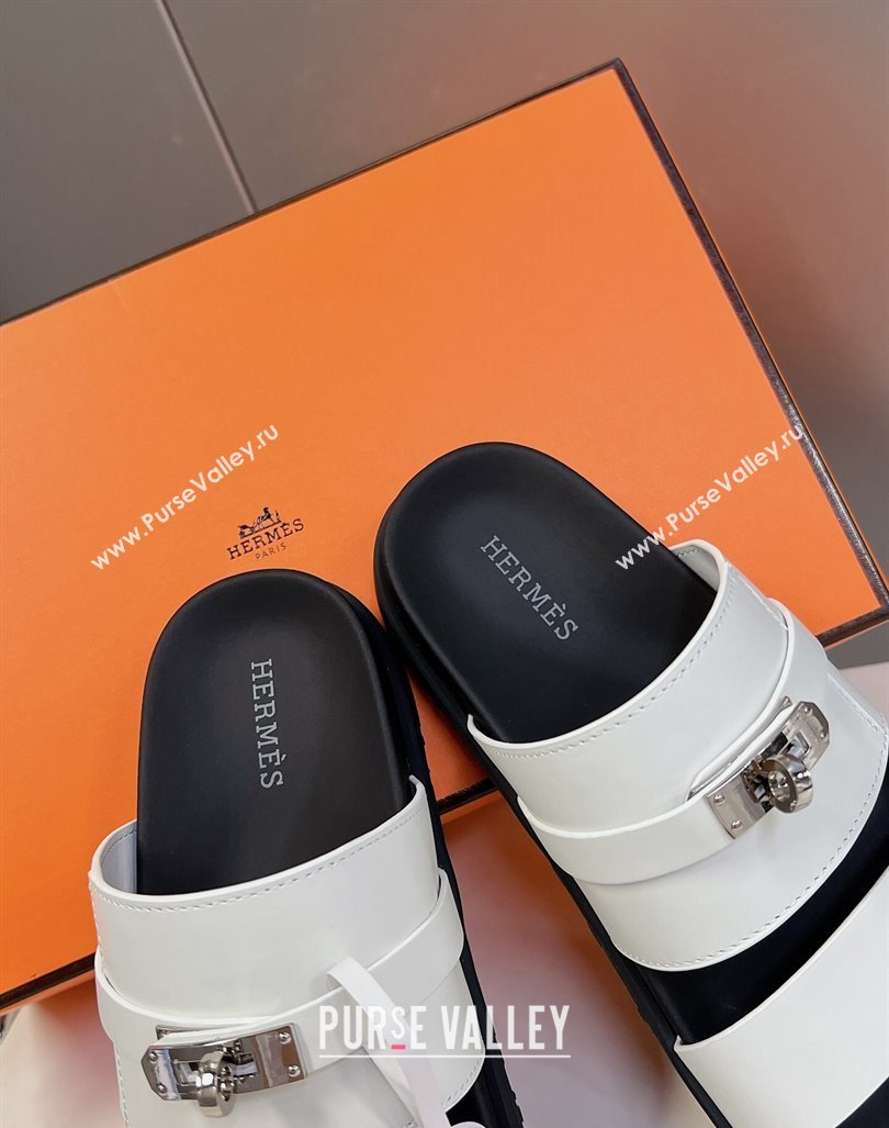 Hermes Jackson Flat Slides Sandal in Smooth Calfskin with Kelly Buckle White 2024 (MD-240724015)