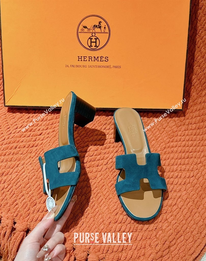 Hermes Oasis Heel Slides Sandal 5cm in Suede Peacock Green 2024 0724001 (MD-240724019)