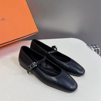 Hermes Mary Jane Ballet Flat in Calfskin with Hapi Buckle Black 2024 (MD-240724032)