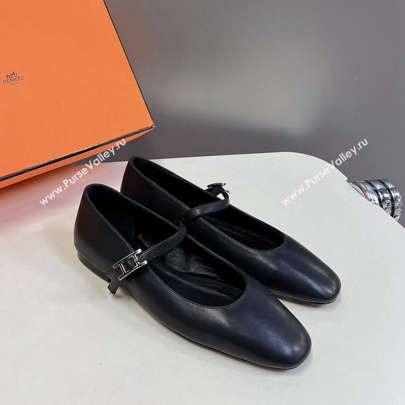 Hermes Mary Jane Ballet Flat in Calfskin with Hapi Buckle Black 2024 (MD-240724032)