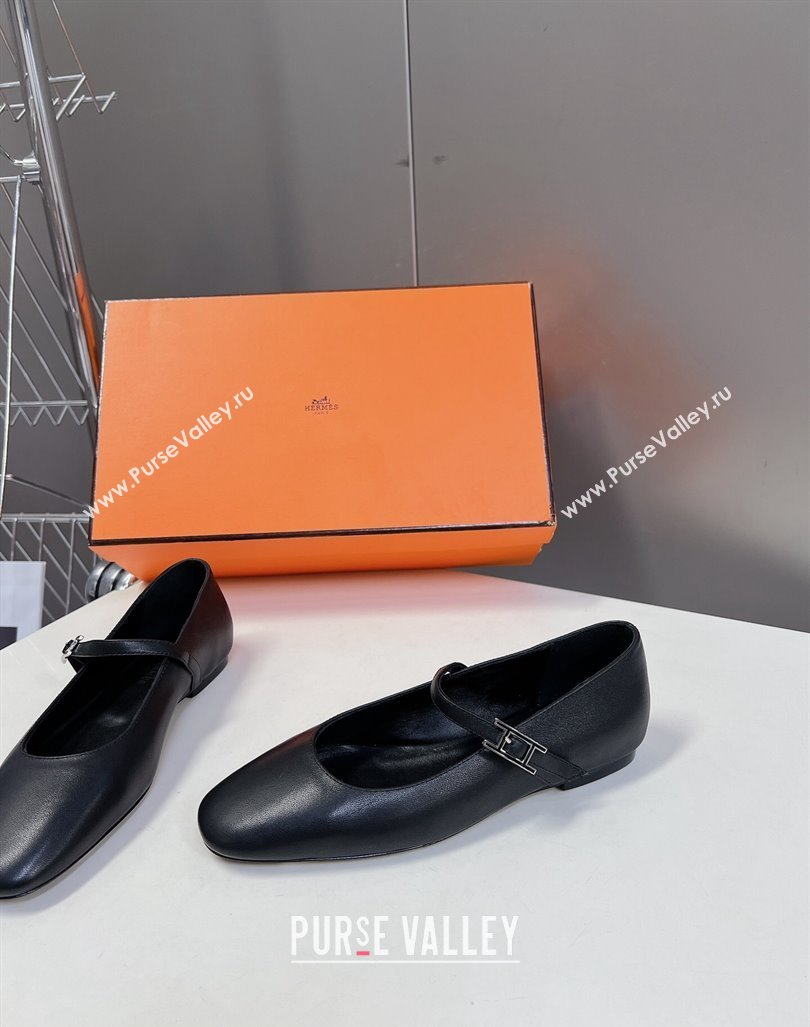 Hermes Mary Jane Ballet Flat in Calfskin with Hapi Buckle Black 2024 (MD-240724032)