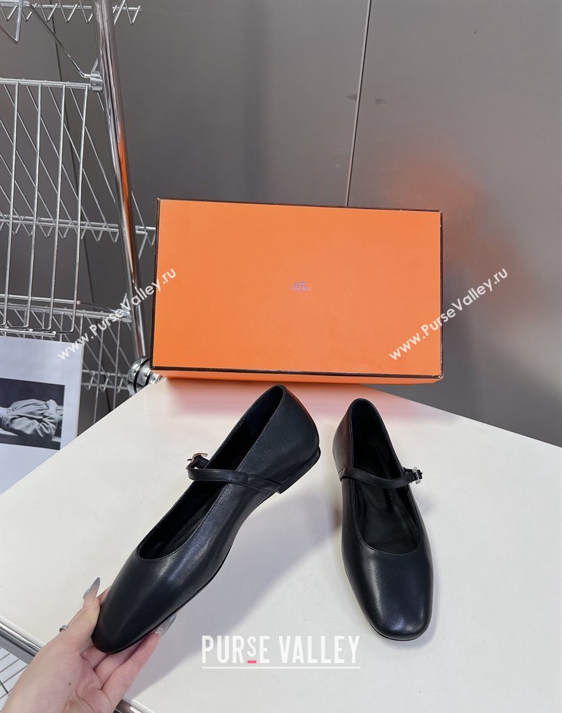 Hermes Mary Jane Ballet Flat in Calfskin with Hapi Buckle Black 2024 (MD-240724032)