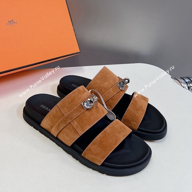 Hermes Jackson Flat Slides Sandal in Suede with Kelly Buckle Brown 2024 (MD-240724008)