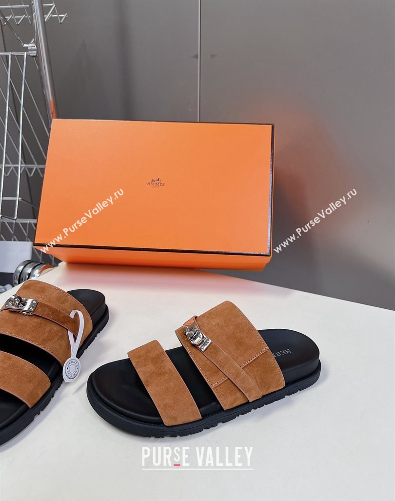 Hermes Jackson Flat Slides Sandal in Suede with Kelly Buckle Brown 2024 (MD-240724008)