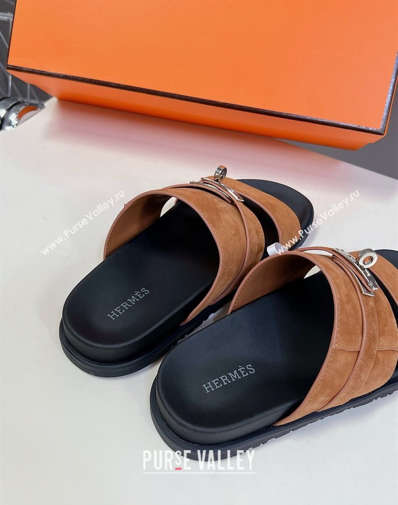 Hermes Jackson Flat Slides Sandal in Suede with Kelly Buckle Brown 2024 (MD-240724008)