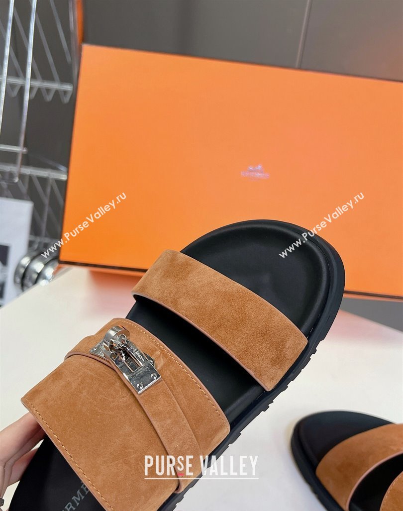 Hermes Jackson Flat Slides Sandal in Suede with Kelly Buckle Brown 2024 (MD-240724008)