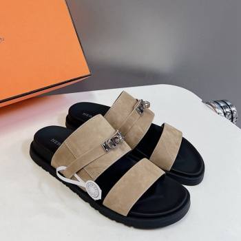 Hermes Jackson Flat Slides Sandal in Suede with Kelly Buckle Beige 2024 (MD-240724011)