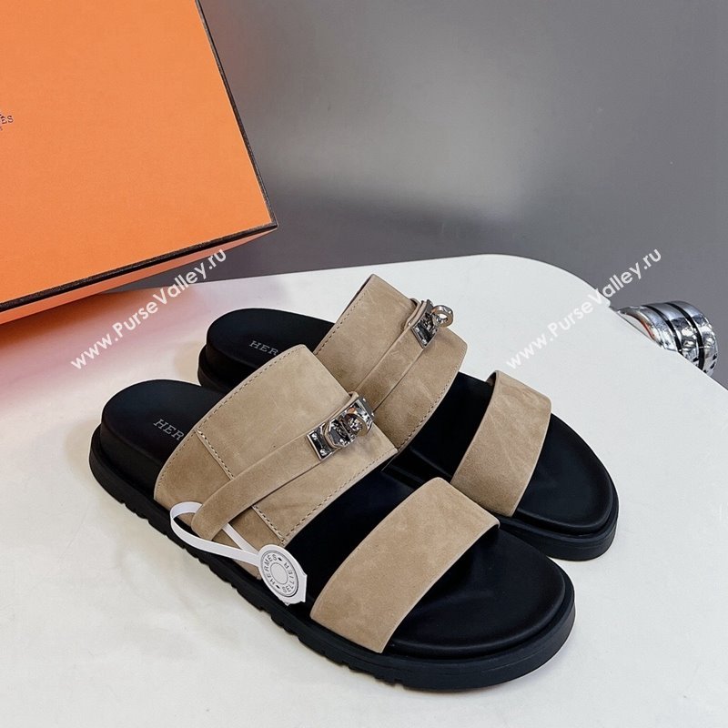 Hermes Jackson Flat Slides Sandal in Suede with Kelly Buckle Beige 2024 (MD-240724011)