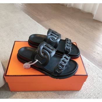 Hermes Extra Chain Flat Slide Sandals in Calfskin Leather All Black 2024 0815 (XC-240815020)