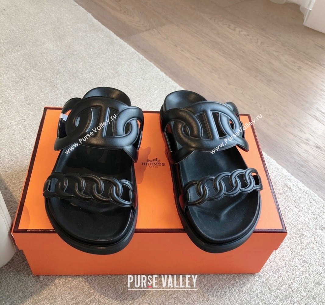 Hermes Extra Chain Flat Slide Sandals in Calfskin Leather All Black 2024 0815 (XC-240815020)