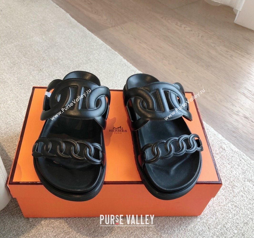 Hermes Extra Chain Flat Slide Sandals in Calfskin Leather All Black 2024 0815 (XC-240815020)