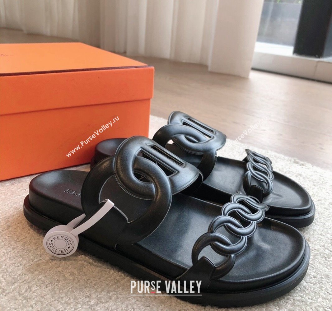 Hermes Extra Chain Flat Slide Sandals in Calfskin Leather All Black 2024 0815 (XC-240815020)