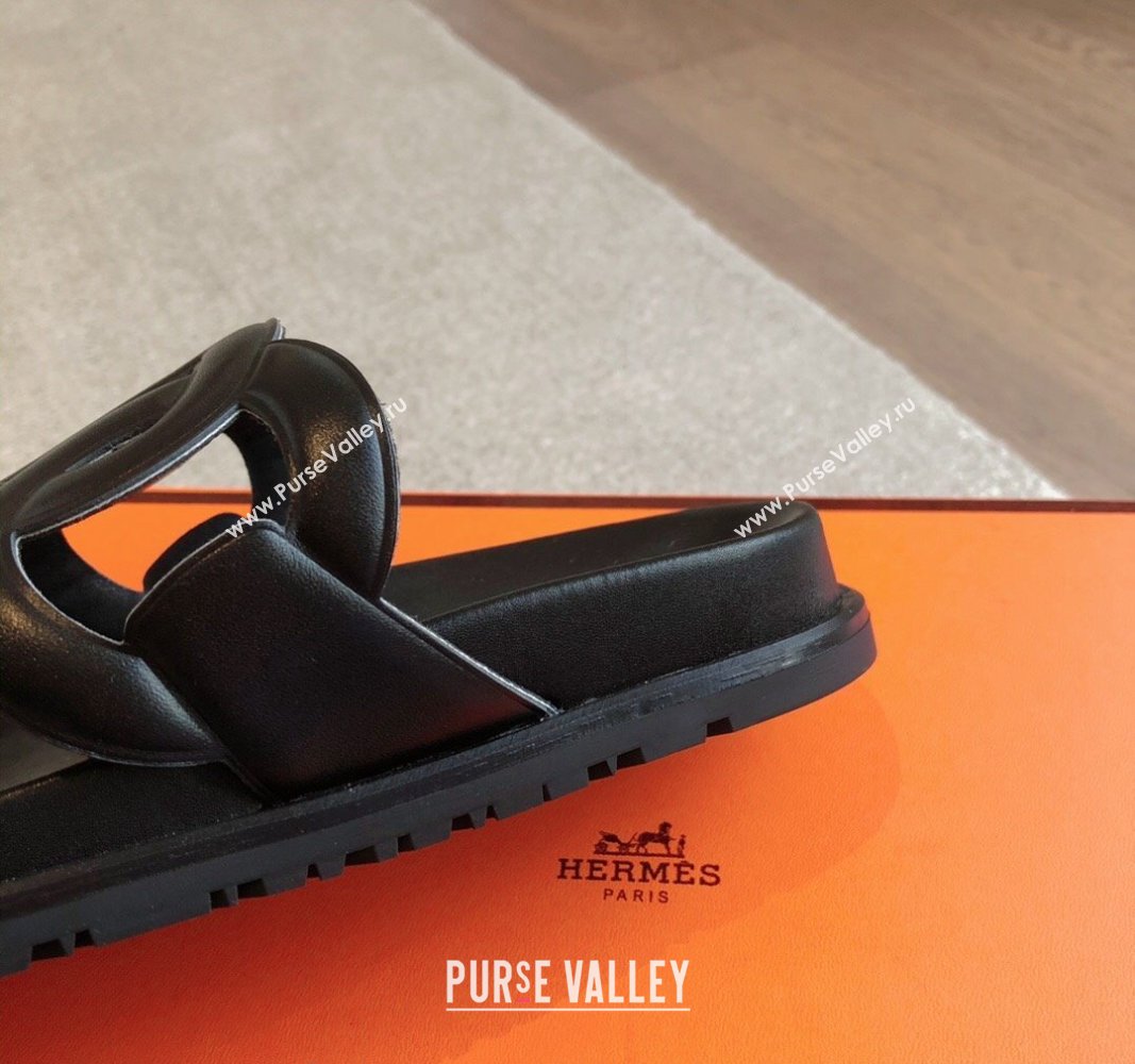 Hermes Extra Chain Flat Slide Sandals in Calfskin Leather All Black 2024 0815 (XC-240815020)