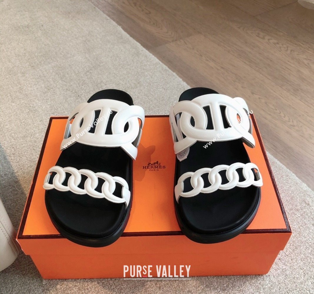 Hermes Extra Chain Flat Slide Sandals in Calfskin Leather White/Black 2024 0815 (XC-240815022)