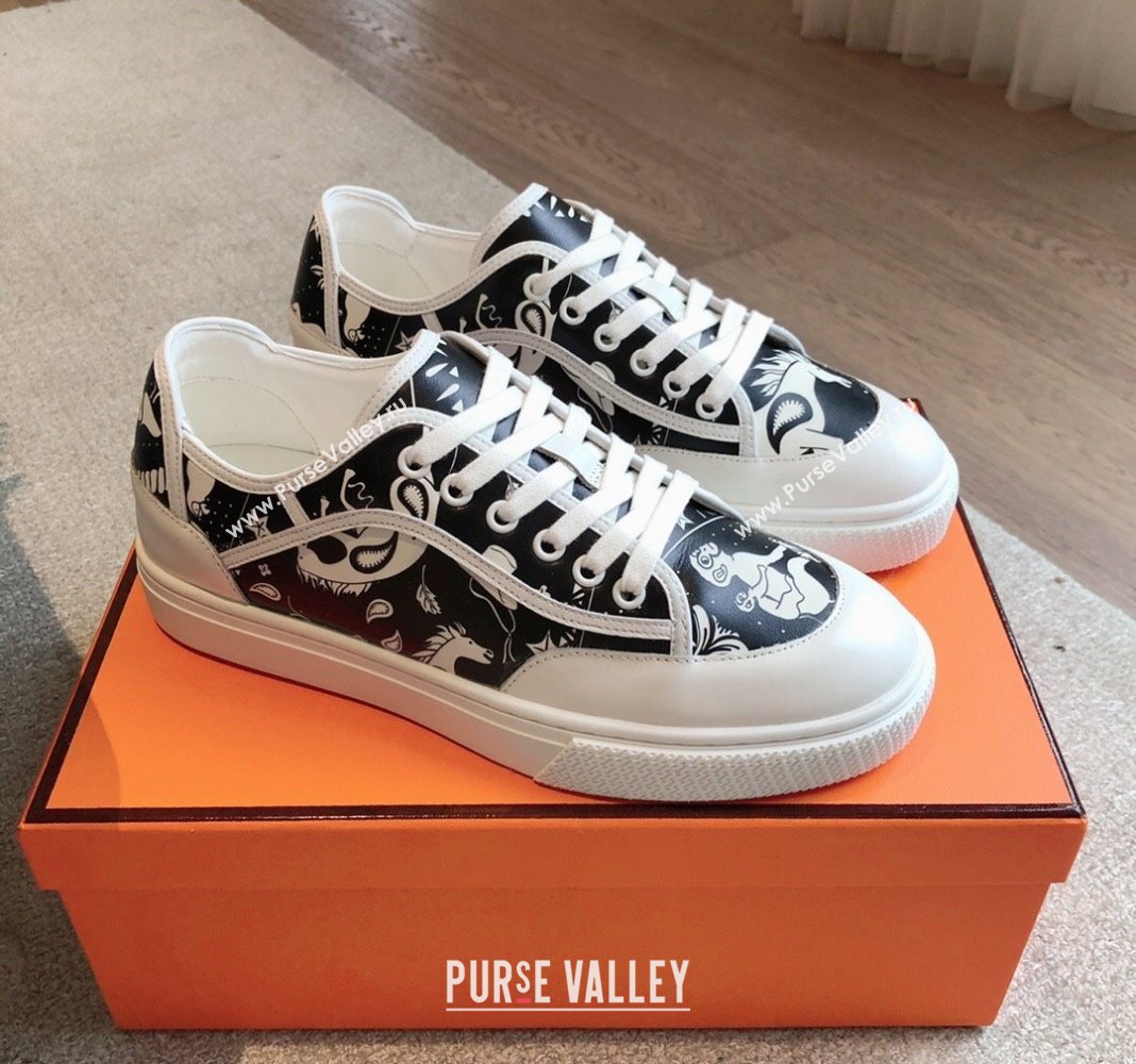 Hermes Get Low-top Sneakers in Printed Calfskin White/Black 2024 0815 (XC-240815003)