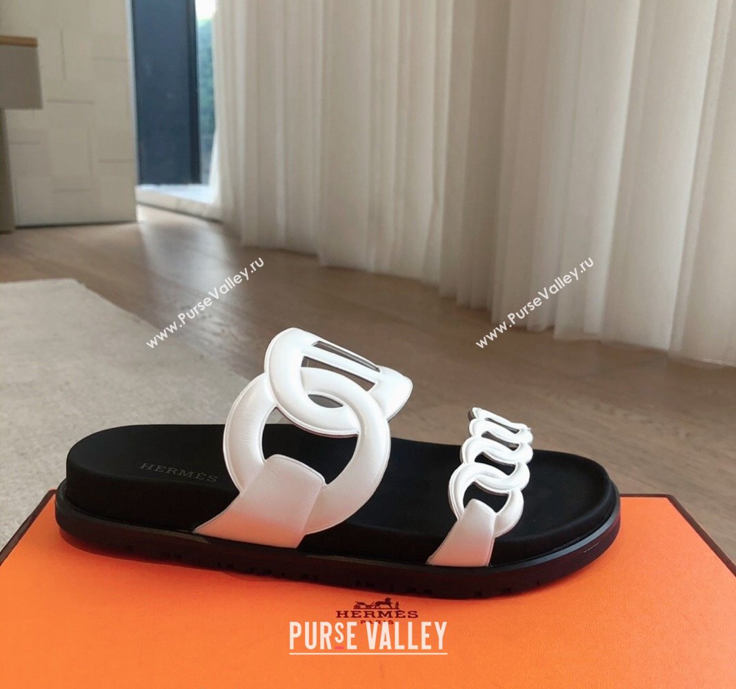 Hermes Extra Chain Flat Slide Sandals in Calfskin Leather White/Black 2024 0815 (XC-240815022)