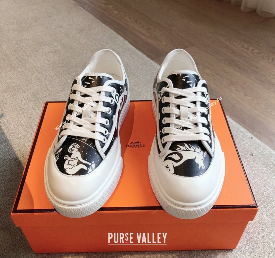 Hermes Get Low-top Sneakers in Printed Calfskin White/Black 2024 0815 (XC-240815003)