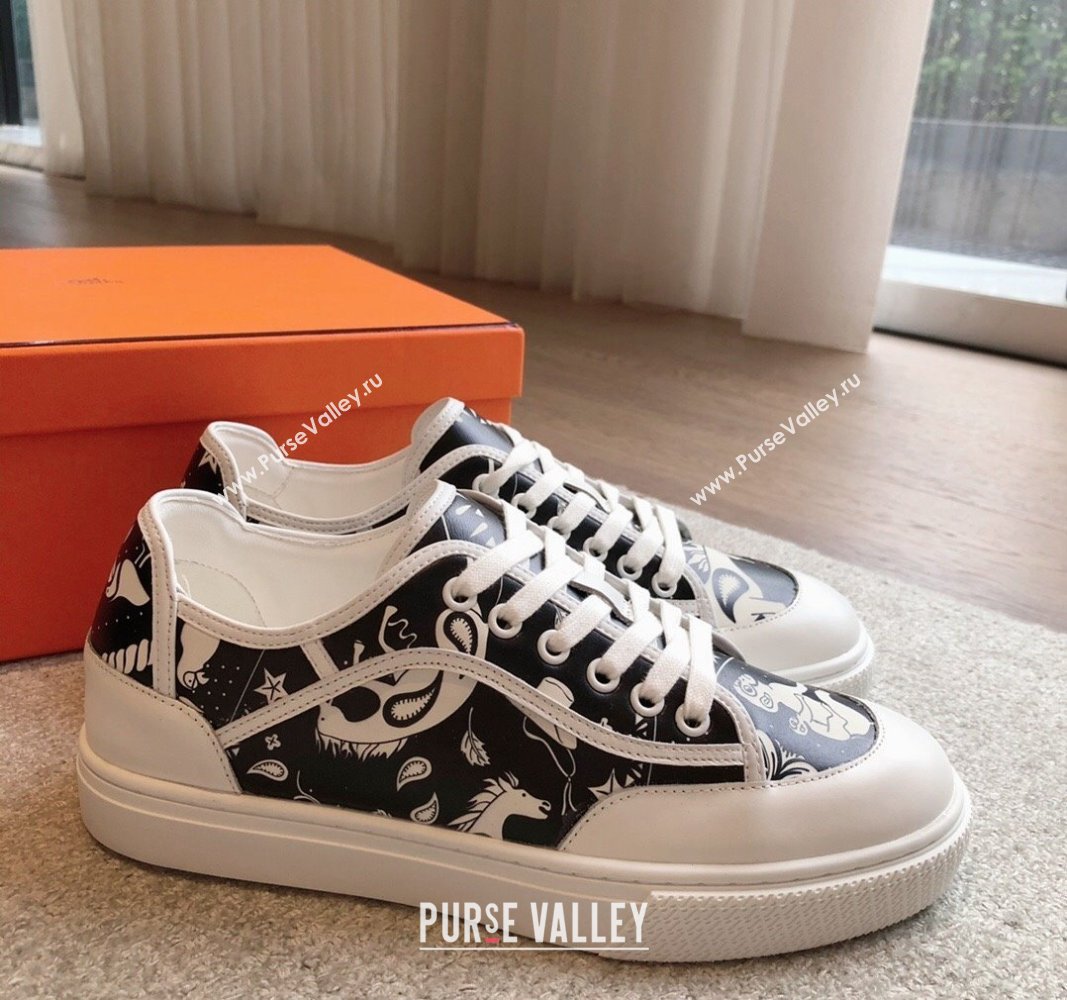 Hermes Get Low-top Sneakers in Printed Calfskin White/Black 2024 0815 (XC-240815003)