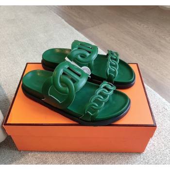 Hermes Extra Chain Flat Slide Sandals in Calfskin Leather Deep Green 2024 0815 (XC-240815025)