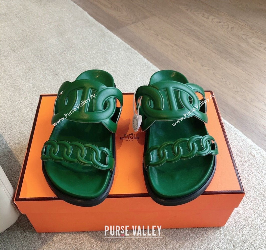 Hermes Extra Chain Flat Slide Sandals in Calfskin Leather Deep Green 2024 0815 (XC-240815025)