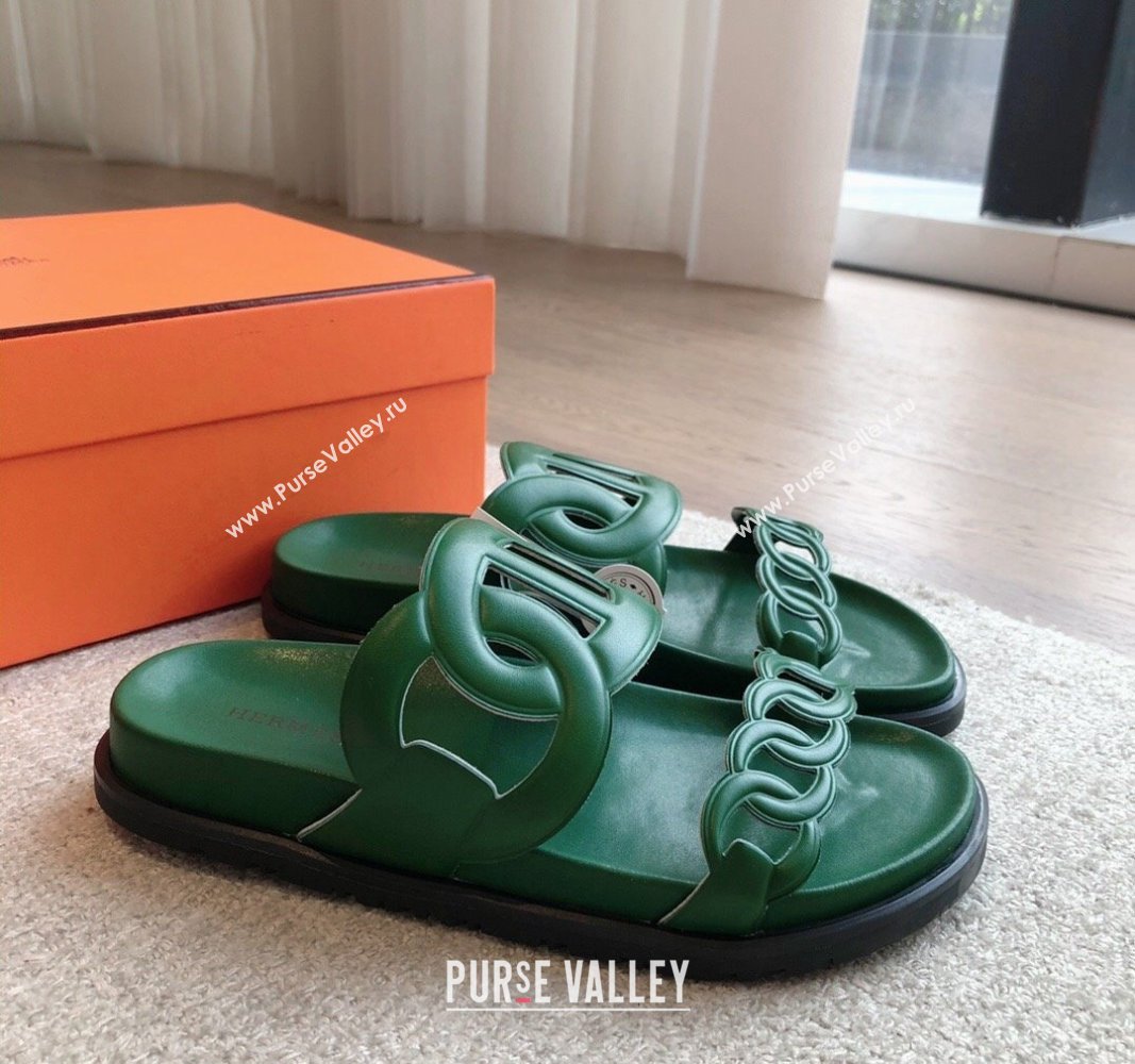 Hermes Extra Chain Flat Slide Sandals in Calfskin Leather Deep Green 2024 0815 (XC-240815025)