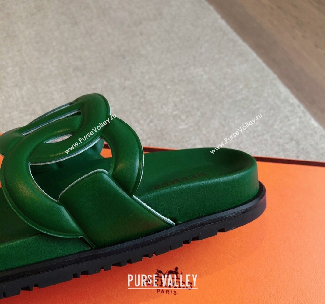 Hermes Extra Chain Flat Slide Sandals in Calfskin Leather Deep Green 2024 0815 (XC-240815025)