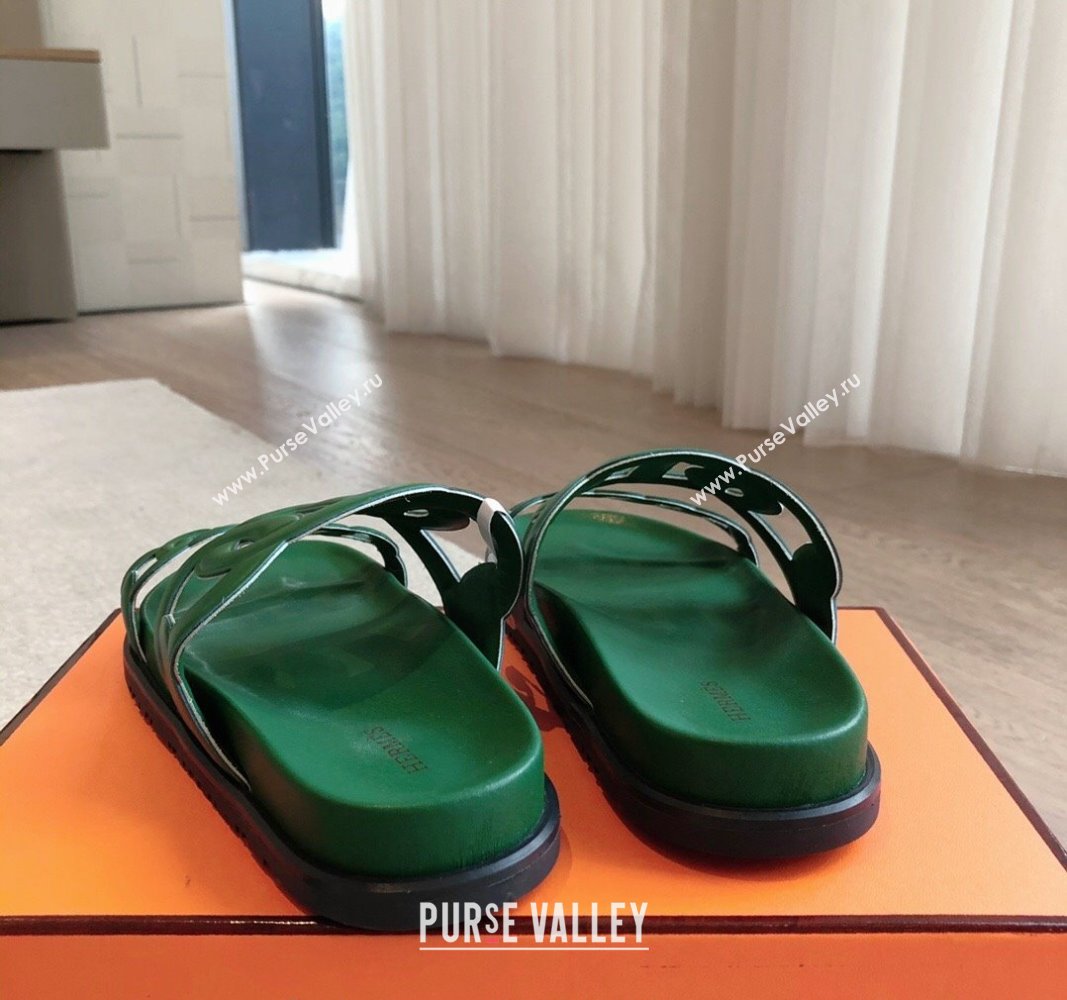 Hermes Extra Chain Flat Slide Sandals in Calfskin Leather Deep Green 2024 0815 (XC-240815025)