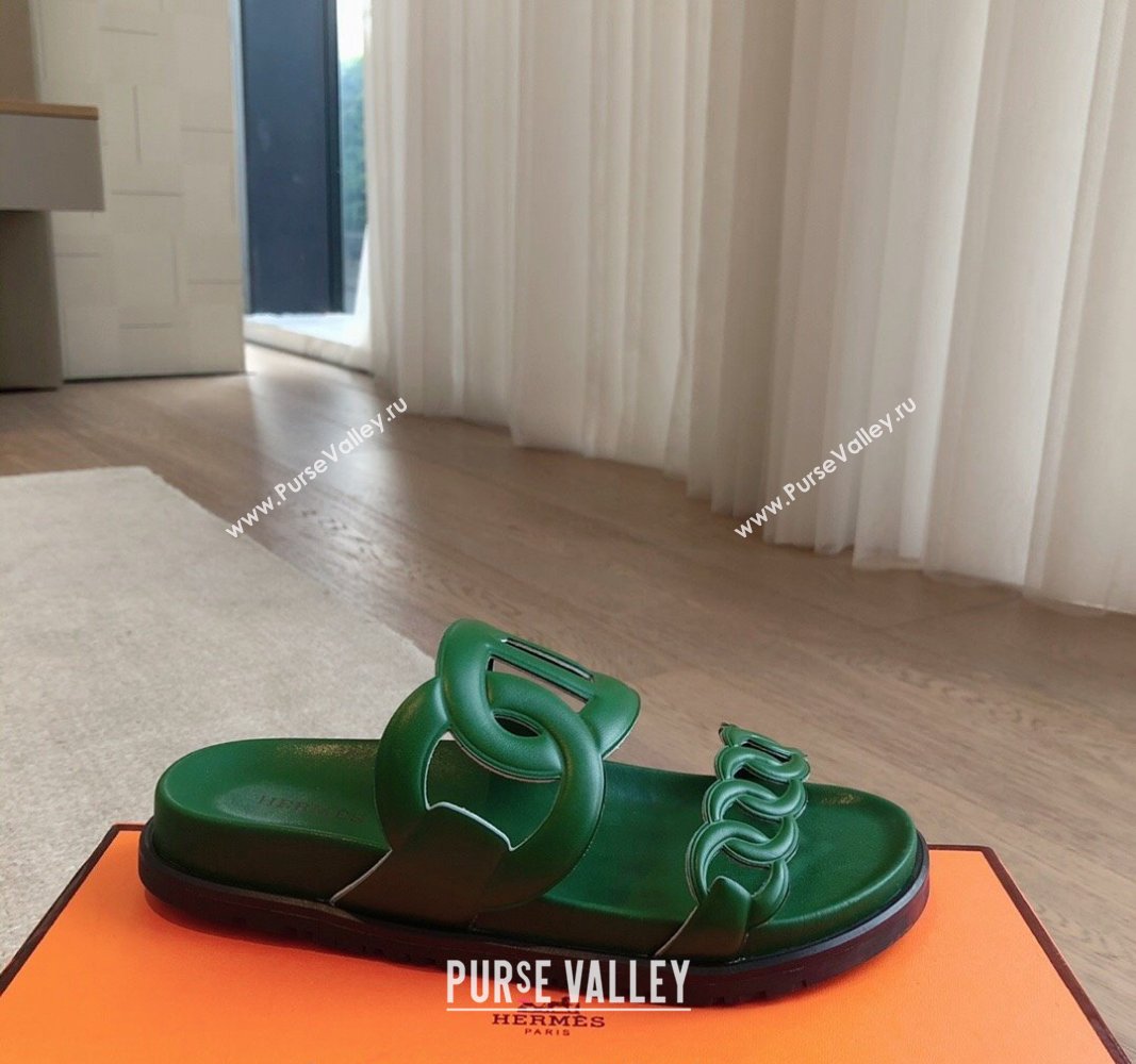 Hermes Extra Chain Flat Slide Sandals in Calfskin Leather Deep Green 2024 0815 (XC-240815025)