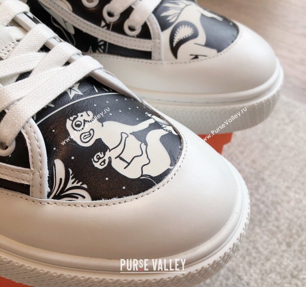 Hermes Get Low-top Sneakers in Printed Calfskin White/Black 2024 0815 (XC-240815003)