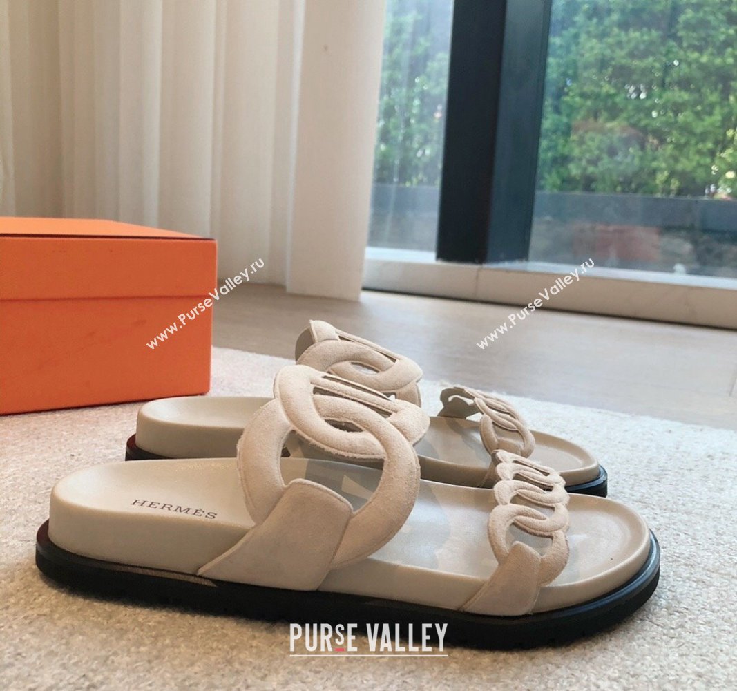 Hermes Extra Chain Flat Slide Sandals in Suede Pale Grey 2024 0815 (XC-240815027)