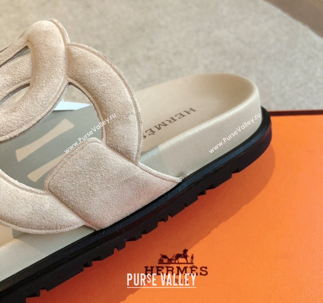 Hermes Extra Chain Flat Slide Sandals in Suede Pale Grey 2024 0815 (XC-240815027)